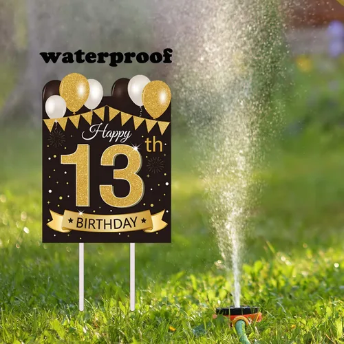 Miniatura 6 de Letrero grande de patio para fiesta de feliz cumpleaños número 13, negro dorado, letreros de patio de cumpleaños 13 con estacas y decoraciones