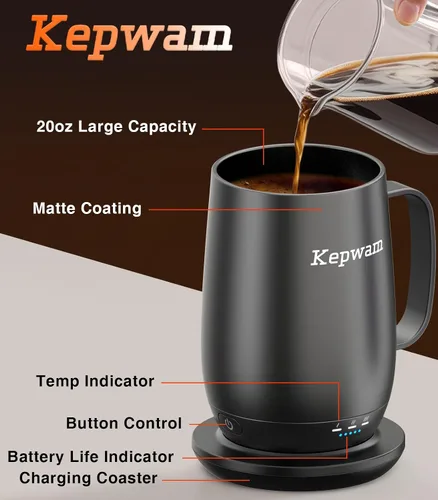 Miniatura 3 de Kepwam Taza de Café con Calefacción T2-Plus, taza de café autocalentable de gran capacidad líder de 20 onzas, hasta 8 horas de batería y caliente