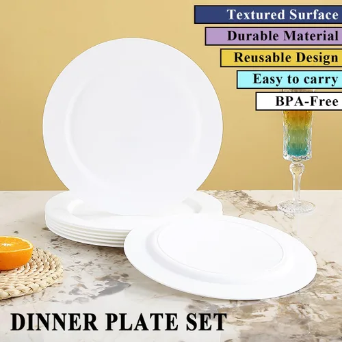 Miniatura 3 de Berglander Juego de 8 platos de plástico blanco de 10 pulgadas, platos planos reutilizables para ensalada, cuencos para pasta, juego de platos