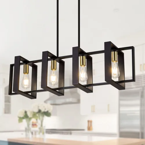 Miniatura 12 de Lámpara colgante de comedor de granja, para isla de cocina, rústica, 4 luces, madera y metal negro, lámpara rectangular para colgar en el techo