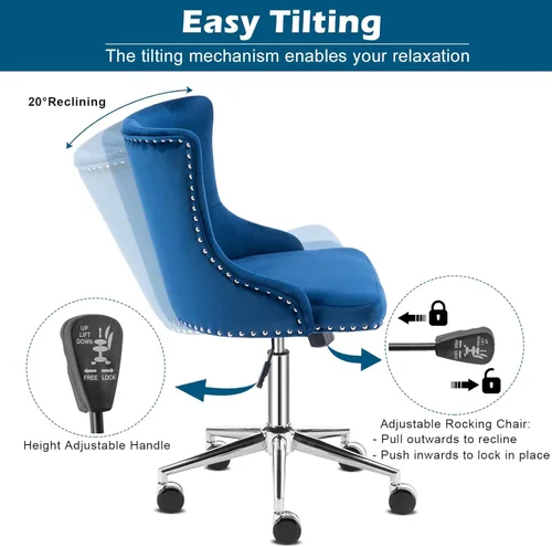 Miniatura 5 de VINGLI Silla de Escritorio de Terciopelo Azul Marino sin Brazos para Oficina en Casa con Base/Ruedas Doradas, Linda Silla de Tocador/Maquillaje