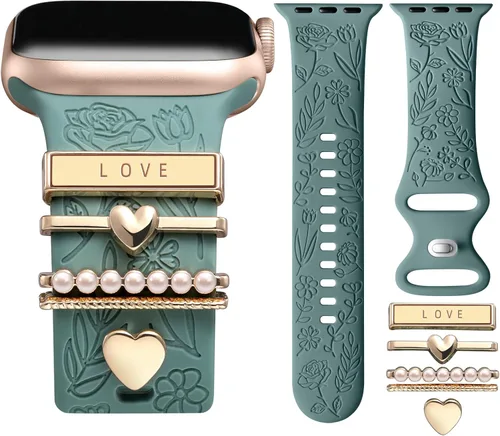 DaQin Banda con Flor Grabada Compatible con Apple Watch, Bandas de 44mm, 42mm, 45mm, 46mm para Mujeres, Correa de Silicona Suave con Decoración para