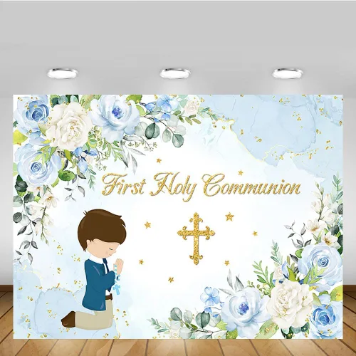 Miniatura 5 de MEHOFOND Telón de fondo azul para la primera comunión Mi Bautizo de 7 x 5 pies para niños, decoración de fiesta de Dios bendiga fondo azul acuarela