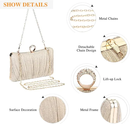 Miniatura 5 de UBORSE Elegante bolso de embrague plisado con purpurina para mujer, formal, para novia, boda, graduación, cóctel, fiesta, bolso