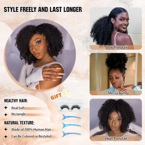 Miniatura 5 de 4 piezas de extensiones de cabello rizado afro con clip, 12 pulgadas 60g negro natural, encaje invisible sin costuras y espesor, 4B 4C clip