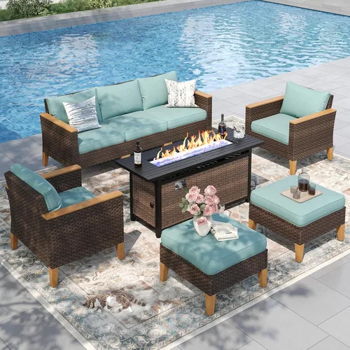 Miniatura 25 de PHI VILLA Otomana de mimbre para patio, 2 piezas, asiento otomano de mimbre para todo tipo de clima, reposapiés para exteriores con cojines