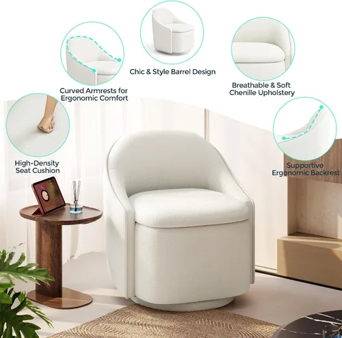 Miniatura 6 de LINSY Silla Giratoria de Acento con Almacenamiento, Cómodas Sillas de Barril de Chenilla, Pequeño Sillón Moderno Giratorio de 360 Grados para Sala