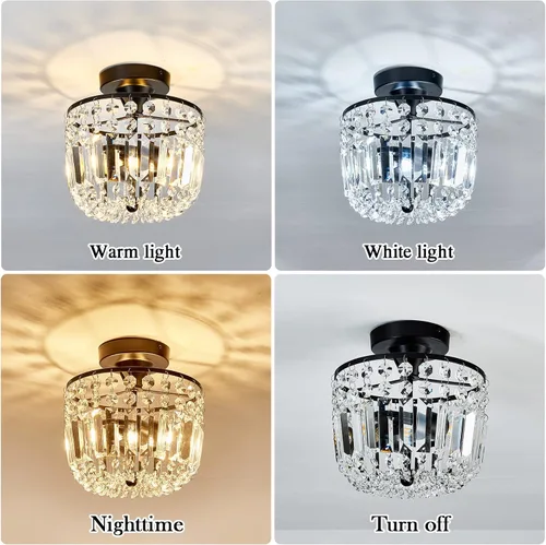 Miniatura 5 de YYJLX Lámpara de araña pequeña de cristal con 2 luces, moderna lámpara de techo semiempotrada para pasillo, cocina, vestíbulo (negro)
