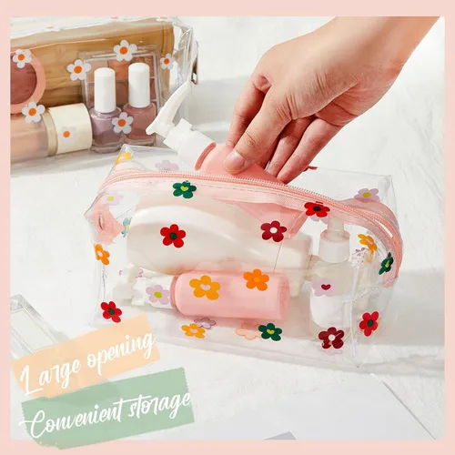 Miniatura 4 de Amylove Paquete de 2 bonitas bolsas de maquillaje de flores con cremallera de margaritas, bolsa para lápices florales, bolsas de aseo portátiles