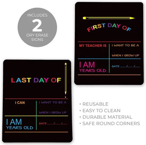 Miniatura 2 de Letrero reutilizable de pizarra con texto en inglés "My First Day y Last of School". Pizarra de fotos para niños, color negro con impresión