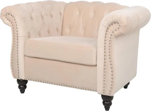 Miniatura 8 de LEVNARY Sillón Chesterfield de Terciopelo, Sillón Individual de Estilo Moderno de Mediados del Siglo con Respaldo de Botones y Decoración con Beige
