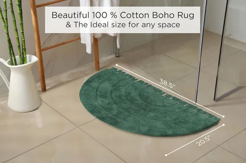 Miniatura 2 de BIEN BEAU Alfombra de baño bohemia con media luna, 100% algodón, antideslizante, decoración bohemia verde para baño y dormitorio, 20 x 38 pulgadas