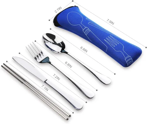 Miniatura 4 de 10 piezas de juego de cubiertos portátiles con estuche, Lengnoyp juego de utensilios de viaje y camping, juego de cubiertos de viaje de acero Grueso