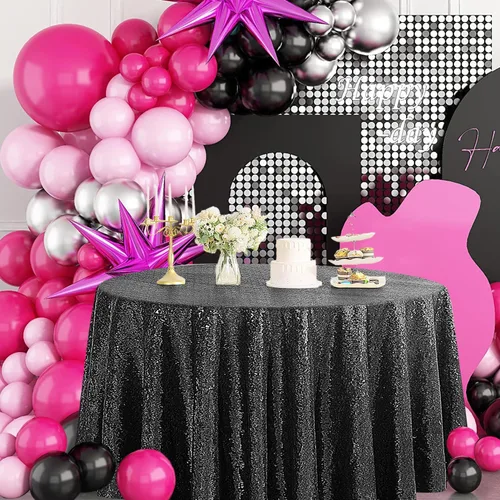 Miniatura 7 de Pufogu Mantel redondo de lentejuelas negras de 50 pulgadas con purpurina negra para decoración de cumpleaños, boda, despedida de soltera, baby