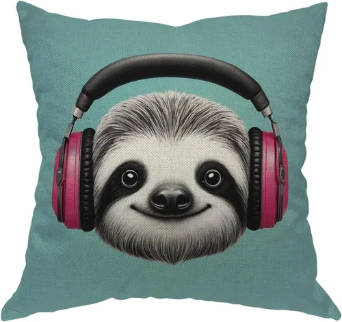 Moslion Funda de almohada decorativa de perezoso con auriculares, funda de almohada cuadrada de lino y algodón de 18 x 18 pulgadas para sofá cama,