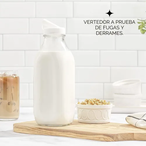 Miniatura 4 de JoyJolt Botellas de leche de vidrio con tapas y vertedor – 32 onzas, paquete de 3 botellas de vidrio reutilizables, herméticas, sin BPA, de grado