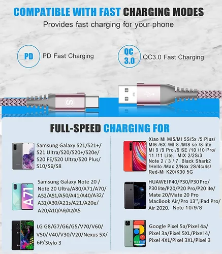 Miniatura 7 de sweguard Cable de carga USB tipo C [3 unidades, 10 pies + 6.6 pies + 3.3 pies] cargador iPhone 16 cable trenzado de nailon para iPhone 16 15 Pro Max
