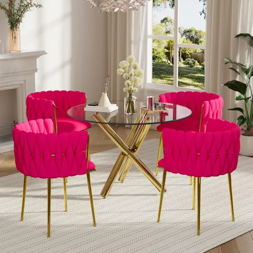 Miniatura 30 de Juego de mesa redonda dorada para 4, juego de mesa de comedor de 39'' con tapa de vidrio transparente, juego de mesa de cocina circular moderna de 5