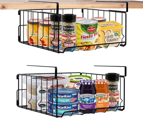Miniatura 8 de Cestas de almacenamiento para debajo del estante, cesta plegable de acero al carbono debajo del gabinete para armarios de cocina, despensas, Negro 2