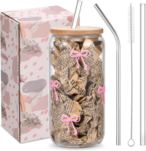 Tazas de vidrio lindas con moño rosa y tapas y popotes, taza estética de café helado, taza de diseño preppy femenino, regalos de cumpleaños y San