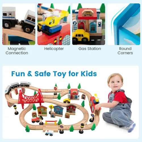Miniatura 5 de Costzon Mesa de tren, 80 piezas, mesa de actividades de madera para niños con mesa reversible y desmontable, pistas de madera maciza, tren