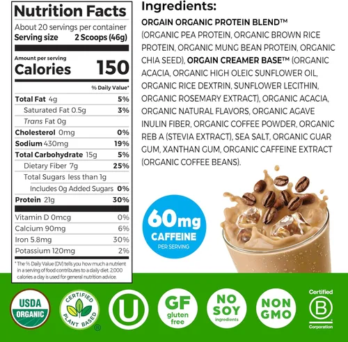 Miniatura 2 de Orgain - Polvo de proteína a base de plantas orgánicas, café helado, 60 mg. de cafeína, vegana, baja en carbohidratos, sin productos lácteos, sin