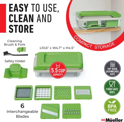 Miniatura 7 de Mueller Cortador de verduras de 9 cuchillas, mandolina para rebanar, picador de verduras, rallador de queso, cortador de cebolla con recipiente