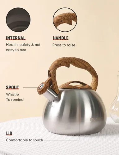 Miniatura 4 de BELANKO Hervidor de té de 2.7 cuartos de galón para estufas, tetera de acero inoxidable de grado alimenticio con silbato fuerte, mango de madera