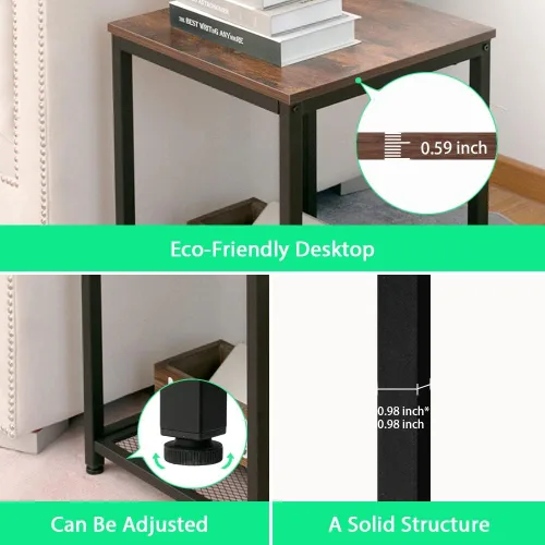 Miniatura 6 de Mesa auxiliar industrial de 2 niveles con estante de almacenamiento, resistente, fácil montaje, muebles decorativos con aspecto de madera con marco