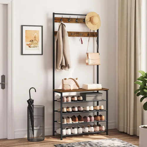 Miniatura 8 de HOOBRO Árbol de pasillo, perchero con zapatero, árbol de pasillo con banco, organizador de almacenamiento de zapatos de 5 niveles con 9 ganchos