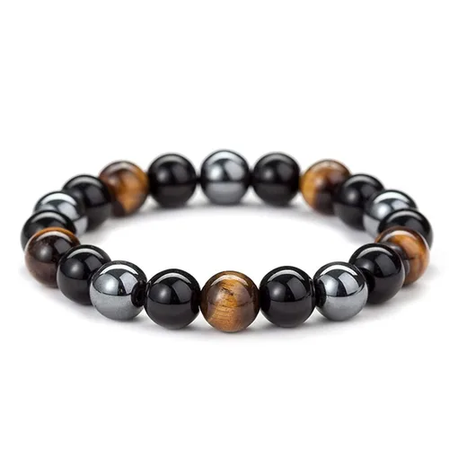 Miniatura 24 de DHQH Triple Protection Bracelet 8/10MM Hematite Black Agate Tigers Eye Stone Bracelet Crystal Jewelry Healing Bead Bracelets for Men Bring Luck