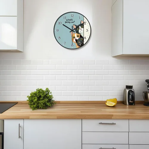 Miniatura 6 de Reloj de pared de plástico de 8 pulgadas con pilas, reloj de pared redondo decorativo, reloj de pared silencioso, patrón de gato 2269-Three Cat