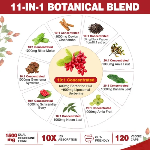 Miniatura 2 de Nextdia Paquete de 2 1500 mg de berberina liposomal HCL con melón amargo de canela de Ceilán, suplementos de complejo orgánico de berberina con hoja