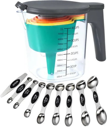 Miniatura 13 de Juego de 19 piezas de tazas medidoras y cucharas, incluye 10 tazas medidoras apilables con tapa y 9 cucharas medidoras magnéticas, cucharada para 19