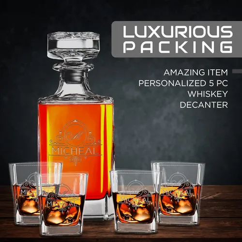 Miniatura 3 de Juego de decantador de whisky personalizado con 4 vasos, monograma grabado personalizado, nombre inicial, 25.4 fl oz, juego de regalo para hombres