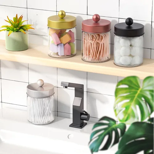 Miniatura 7 de Juego de 2 tarros de boticario de cristal con tapas para baño, lindo soporte para cotonetes, juego de accesorios de baño negros, pequeños