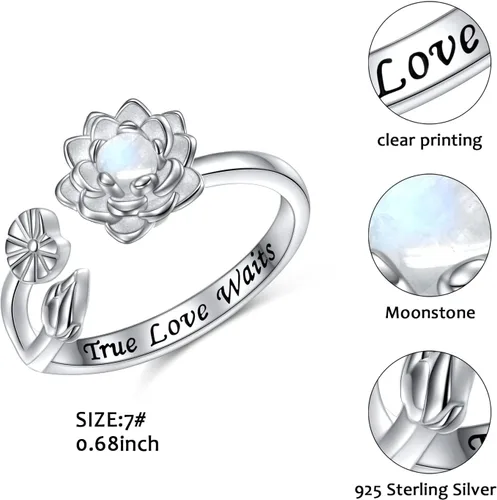 Miniatura 5 de Moonstone - Juego de joyas de loto de plata de ley, anillo de flor de loto grabado True Love Waits, Natural Healing Buddha Spiritual Yoga Lotus