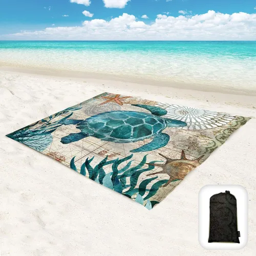 Miniatura 16 de Manta de playa impermeable a prueba de arena, de gran tamaño de 95 x 80 pulgadas, tapete de playa sin arena con bolsillos en las esquinas, bolsa