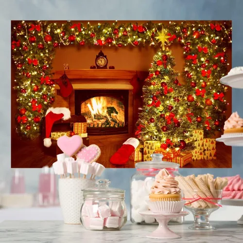 Miniatura 3 de Lofaris Telón de fondo de Navidad para chimenea, interior vintage, medias de árbol de Navidad, estrellas brillantes, fondo para fotografía, retrato