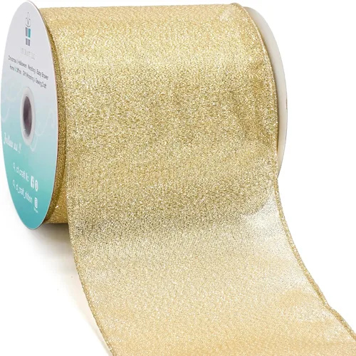 Miniatura 20 de Cinta con alambre metálica dorada champán de 2.5 pulgadas x 10 yardas para decoración del hogar de Navidad, lazo para decoración de árbol, envoltura
