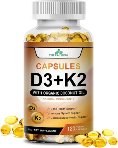 TheraSuva Vitamina D3 de alta potencia 5,000 UI + K2 - Vegana, sin OMG, con aceite de coco orgánico para una mejor absorción - Soporte óseo y