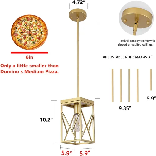 Miniatura 4 de Fivess Lighting - Lámpara colgante moderna de oro con jaula de metal, lámpara colgante mini con varillas ajustables de una luz para cocina, isla