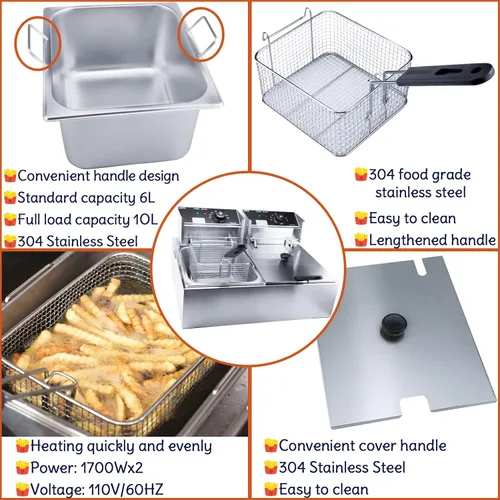 Miniatura 3 de Freidora Profunda Comercial con Cesta, 3400W 12.7QT/12L, Freidora Eléctrica de Aceite de Encimera de Acero Inoxidable Desmontable de Gran Capacidad