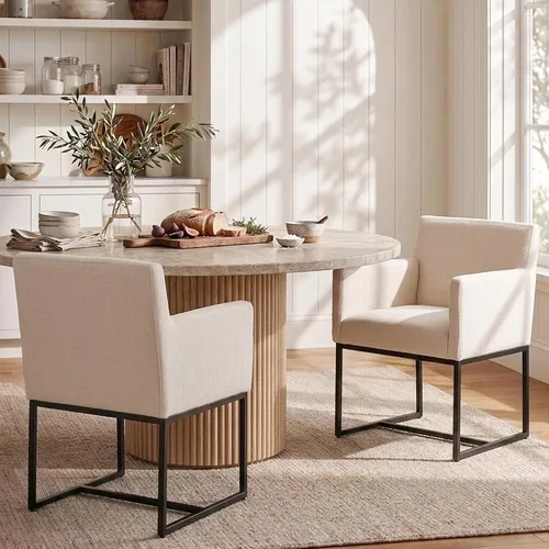 Miniatura 14 de HNY Juego de 6 sillas de comedor tapizadas modernas de mediados de siglo con brazos, sillas decorativas de lino con marco de metal con acabado Marco