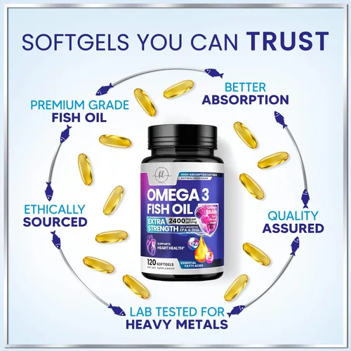 Miniatura 6 de Suplementos de aceite de pescado Omega 3 – 2400 mg de aceite de pescado por porción – Omega-3 de triple fuerza con ácidos grasos EPA y DHA – Apoyo