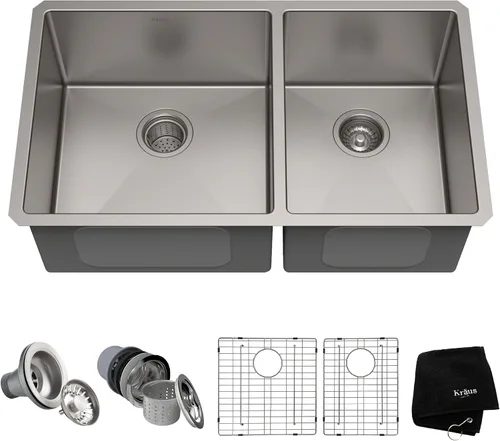 Miniatura 20 de Kraus Fregaderos de cocina de montaje inferior, fregadero de cocina de acero inoxidable de 32 pulgadas, cuenco doble 60/40, calibre 16