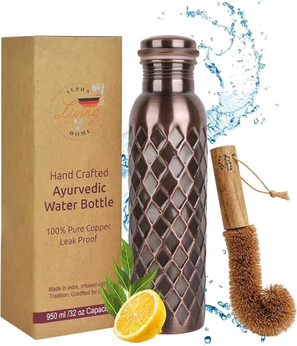 Miniatura 9 de Botella de agua de cobre real de 34 onzas, extra grande, botella de cobre puro para agua potable, botella ayurvédica de diamante antiguo, tapa a