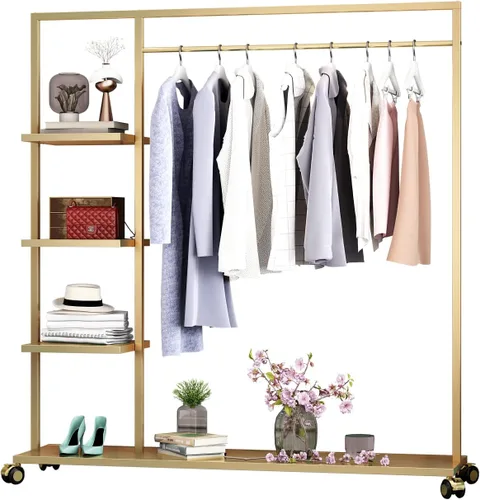 Miniatura 8 de Percheros dorados con estante, para boutiques minoristas, estantes de ropa dorados, múltiples usos, resistente para colgar barras para el hogar