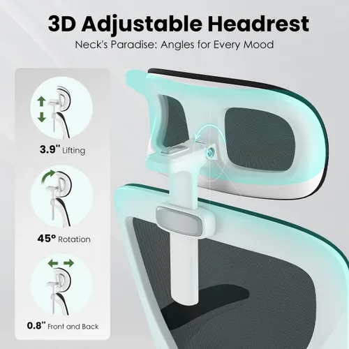 Miniatura 3 de Silla de oficina ergonómica, silla de escritorio giratoria de malla con respaldo alto, soporte lumbar ajustable, reposacabezas y reposabrazos Negro