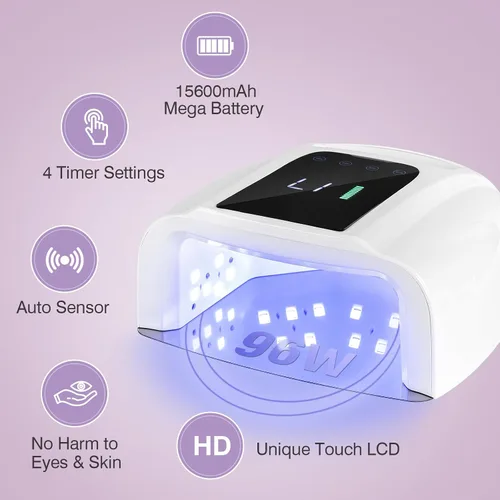 Miniatura 3 de Lámpara de uñas LED UV recargable, secadora de uñas inalámbrica de 96 W, luz de curado de esmalte de uñas de gel UV inalámbrico con 42 cuentas LCD